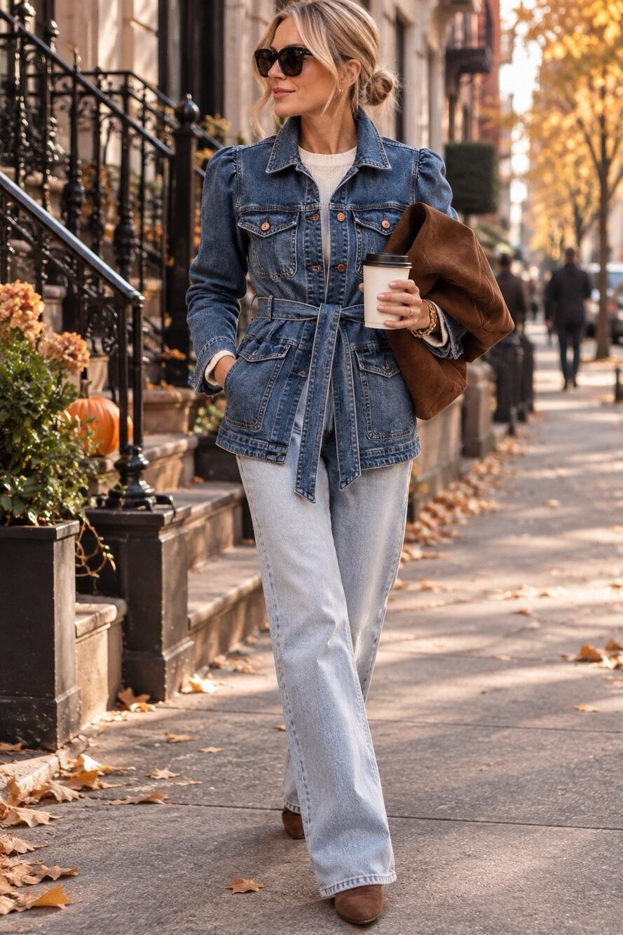 GAP Womenโs Denim Utility Jacket Belted Puff Sleeve Chore Barn Jacket Sz S